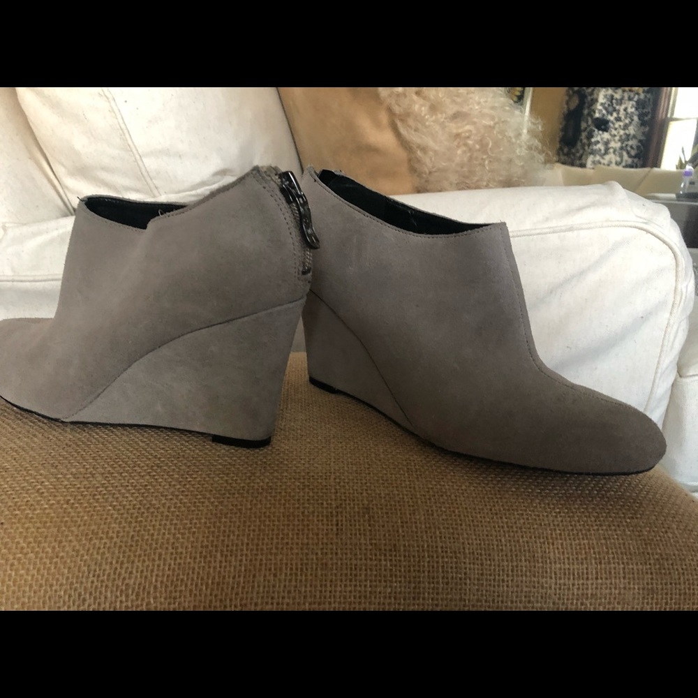 Gray suede LOFT wedge heel bootie